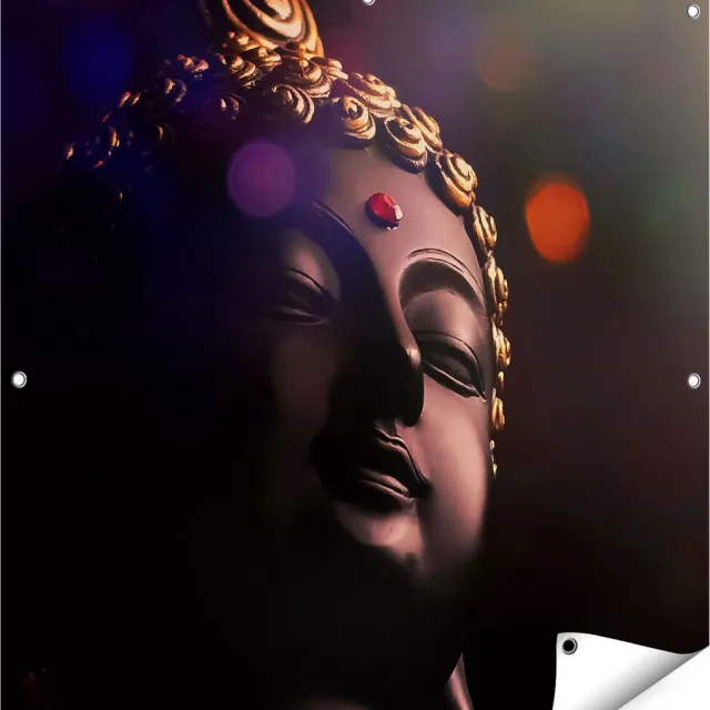 Gards Tuinposter Boeddha Beeld met Gouden Sierraden - 90x90 cm - Tuindoek - Tuindecoratie - Wanddecoratie buiten - Tuinschilderij Multikleur