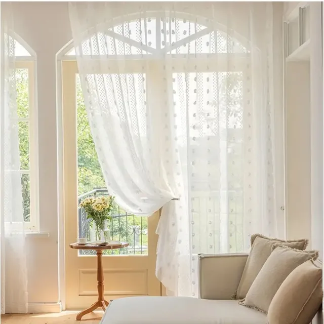 Floraweg Bloemenprint transparante pompon boho Franse landelijke cottage gordijnen voor slaapkamer, wit,roedezakken,140x160cm wit01