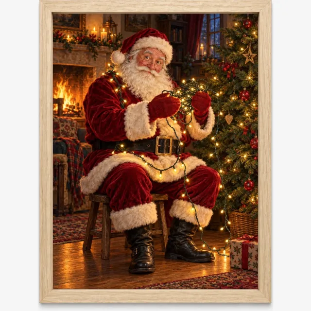 Joshimo Kerstman Kerstposter | In de Knoop met Kerstlampjes | Inclusief Lichtbruine A4 Lijst