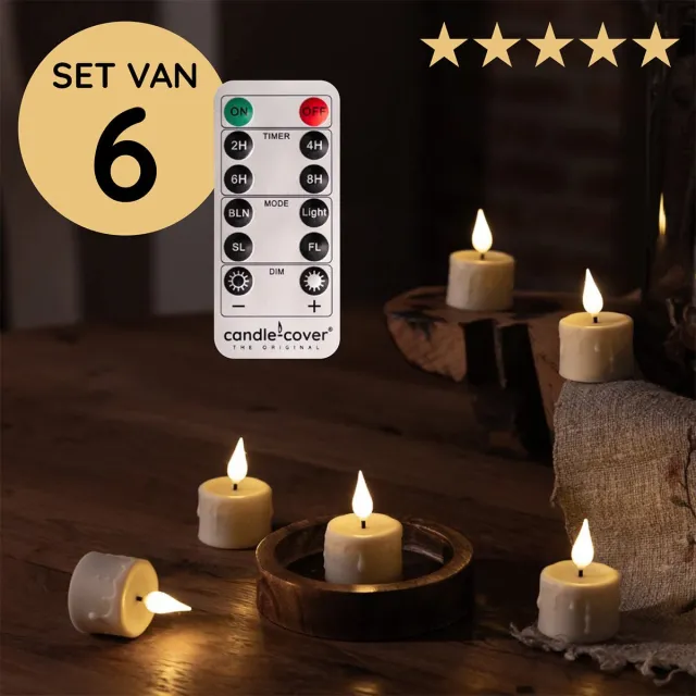 Candlecover Candle-Cover - Set van 6 oplaadbare waxinelichtjes / theelichtjes - creme - realistische vlam - afstandbediening - dimmer - timer - oplaadstation - veilig