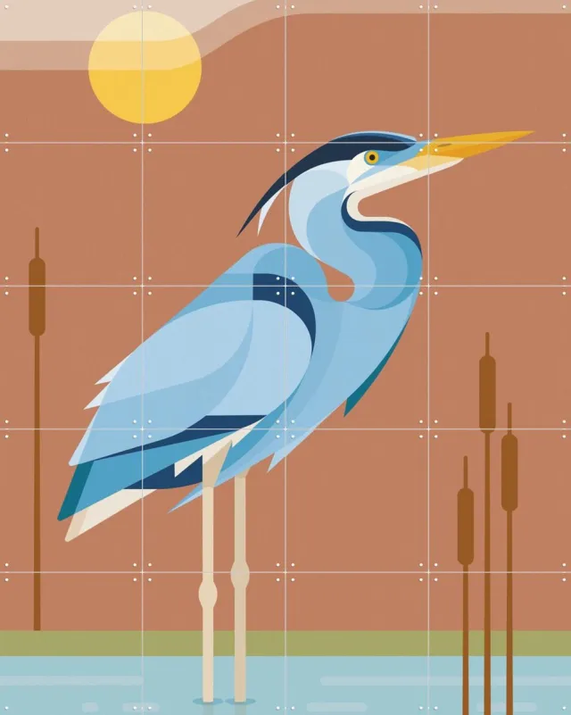 IXXI Blauwe Reiger, Elke Uijtewaal - 80 x 100 cm - Grote wanddecoratie en posters - Kleurrijk, Grafisch Ontwerp, Geometrische Kunst, Illustraties Bruin / Blauw