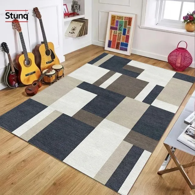 Stunq Modern patchwork vloerkleed - rechthoekig, antislip, zacht Blauw