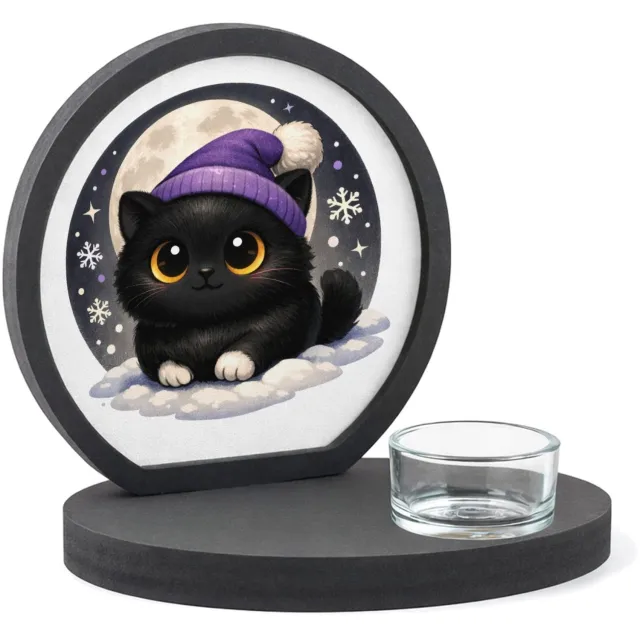 Mr Cadeautjes MDF inleg theelichthouder ~8 cm - design Lieve pinguïn in winterse nacht | cadeau Wit