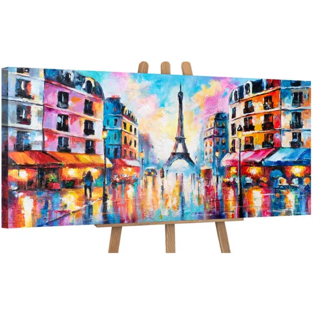 YS Canvas schilderij panoramisch 115x50 handgeschilderd Parijse lichten stad nacht – YS-Art Gallery – Romantische wanddecoratie voor woonkamer – Modern schilderij voor hal