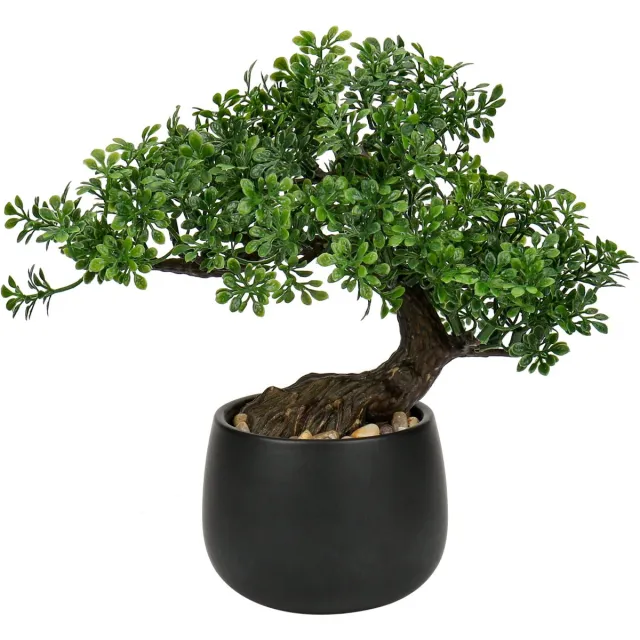 Famanu Kunstmatige bonsaiplant van 25 cm in keramische pot, decoratieve kunstplanten voor woonkamer, slaapkamer, badkamer en vensterbank Zwart