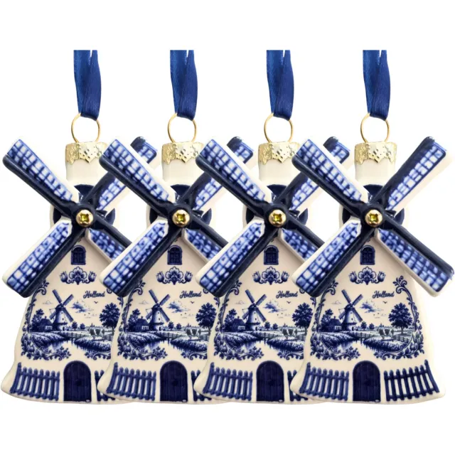 TTD Gifts Kerstornamentjes - set van 4 stuks - Molens - Holland gifts - Typisch Hollands Delfts blauw