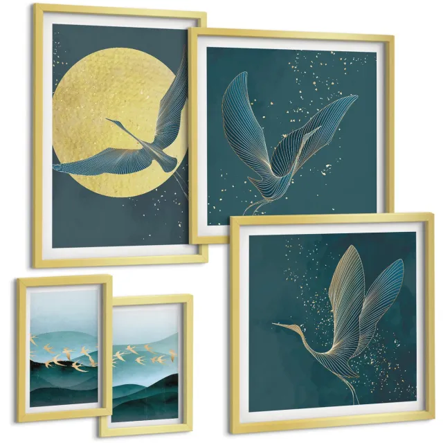 TULUP 5-Delige Schilderij Set - Landschappen met vogels in de nachtelijke hemel met de maan - 50 x 50 cm, 20 x 30 cm en 40 x 60 cm - Decoratieve Schilderijen - Wanddecoratie - Hal Gouden lijst