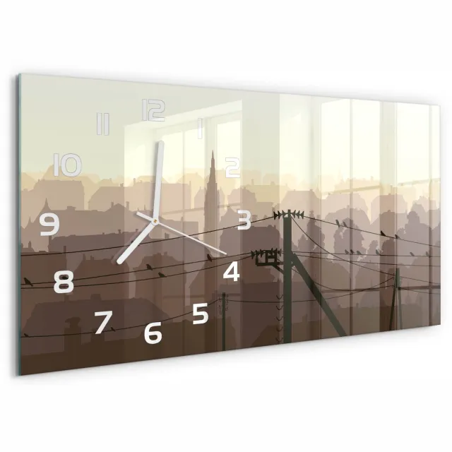 TULUP Wandklok - Stadsstroomleiding Wandklok Glas Met Motief - 60x30 cm - Bruin Decoratieve Glazen Klok - Witte handen - Rechthoekige Klok - Gekleurde Glazen Klok - Glazen Klok Met Print