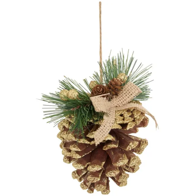 Atmosphera Créateur d'intérieur® Hangversiering van dennenhout met dennenappel en goudkleurige glitterstrik, 13 cm Dore