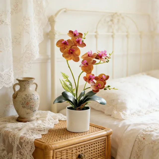 Ulisem Realistische Phalaenopsis Kunstmatige Orchidee Bonsai - Zijdeachtige Bloemen - Verstelbare Stelen - Onderhoudsvrij - 42 Cm Hoog - Oranje - Voor Desktop Kantoor En Bruiloft Decoratie