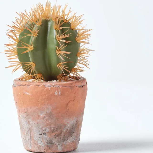 Homescapes Kleine kunstcactus met oranje doornen in een terracotta pot, 15 cm hoog Groen