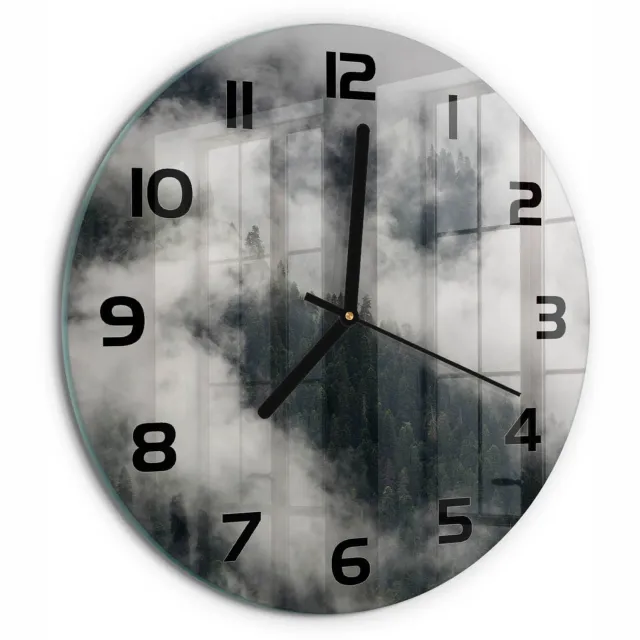 TULUP Wandklok - Mist boven het bos Wandklok Glas Decoratie - fi30 cm - Grijs Gekleurde Glazen Klok - Zwarte handen - Ronde Klok - Klok Glas Met Opdruk - Moderne Wandklok Glas
