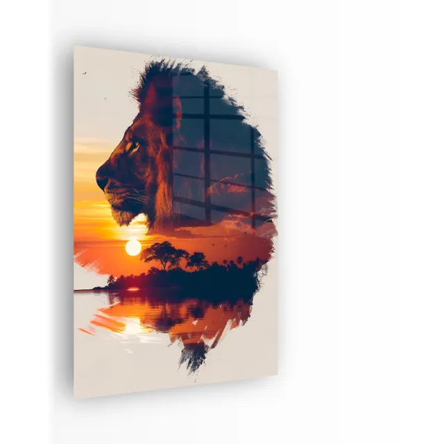 Indoorart Glasschilderij Koning van de Savanne 40x60 CM - Afbeelding op plexiglas - Inclusief montagemateriaal wit, oranje, geel, bruin
