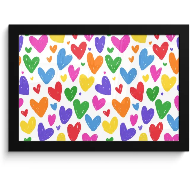 FrameYourWall Poster in lijst - Fotolijst 30x20 cm - Posters - Hartjes - Patroon - Kleurrijk - Tekening - Posterlijst zwart - Decoratie - Wanddecoratie woonkamer - Muurdecoratie slaapkamer Hartjes - Kleurrijk