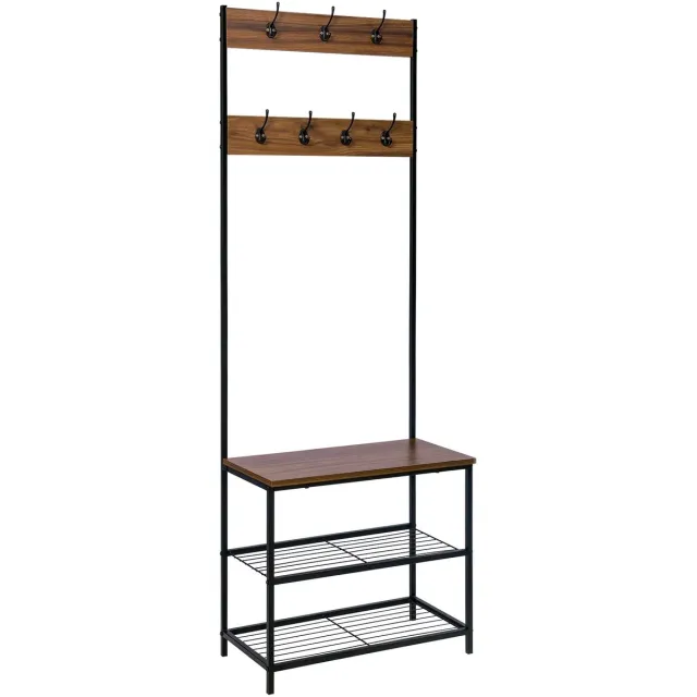 Heidat kapstok - Bruin zwart - & haken - 3 planken - Jassen en Schoenen rek - Garderobekast - Kledingrek - 60x31.5x170 cm donker bruin