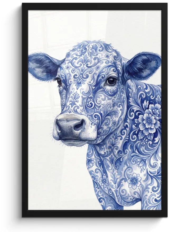 FrameYourWall Poster in lijst - Fotolijst 40x60 cm - Posters - Illustratie - Koe - Blauw - Posterlijst zwart - Decoratie - Wanddecoratie woonkamer - Muurdecoratie slaapkamer