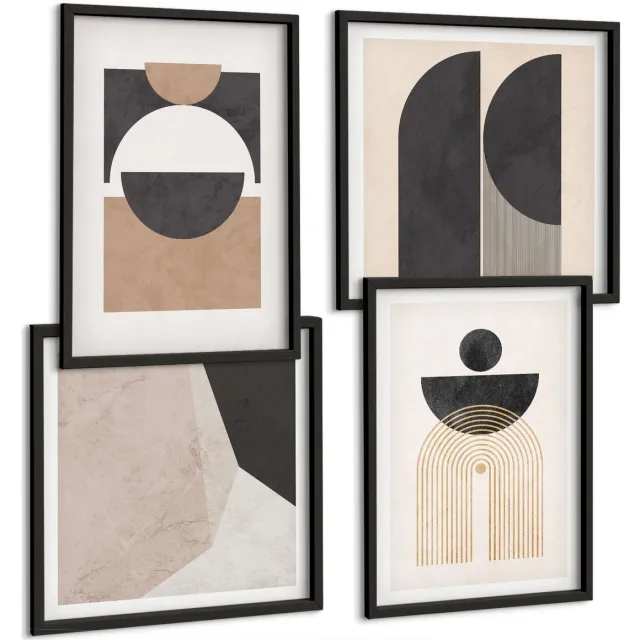 Coloray 4-Delige Schilderij Set - Abstracte Vormen In Beige En Bruine Tinten. - 40 x 40 cm En 40 x 60 cm - Decoratieve Muurdecoratie - Slaapkamer Zwarte lijst