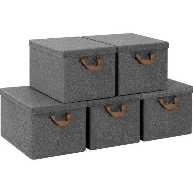 BukkitBow Opbergbox met Deksel - Opbergdoos met Deksel - Stoffen Opbergmand met Deksel - 5 x 51L - Opvouwbaar - Donkergrijs Donker Grijs