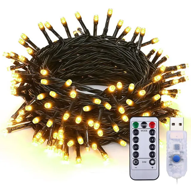 Rosnek 100 LED Kerstverlichting 10m met Afstandsbediening, Timer & 8 Modi - Warm Wit - USB aangedreven - Groen Snoer - Binnen & Buiten - Lichtsnoer voor Kerstdecoratie & Feest