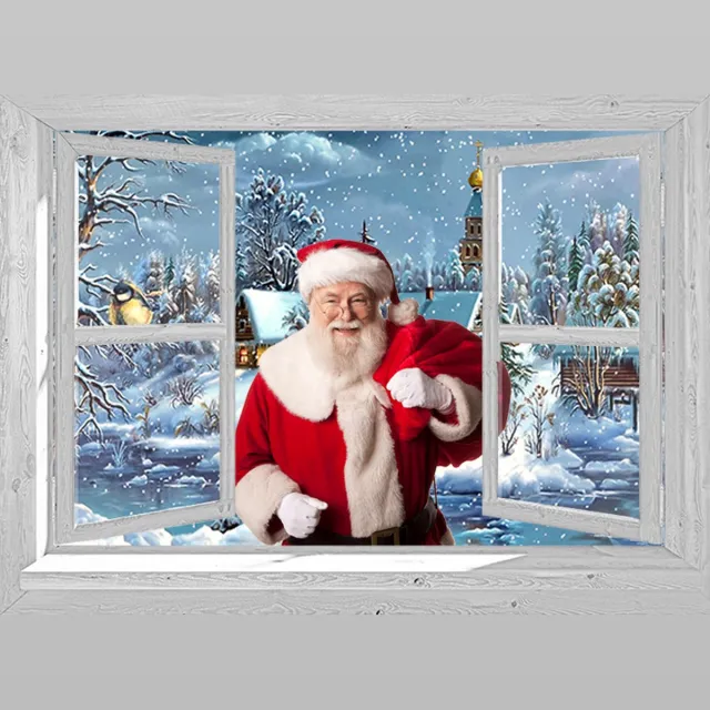 D&C Collection kerst poster - 60x45 cm - doorkijk - wit venster met winterlandschap en sprookjes dorp - winter poster - kerst decoratie wit, blauw