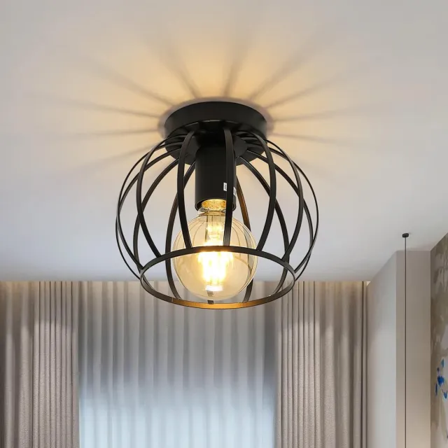 Goeco Plafondlamp - 19 cm - Klein - E27 - Retro Metalen Kooi Plafondlampenkap - Zwart - Lichtbron niet inbegrepen - Geschikt voor Eetkamer Slaapkamer Hal Zwarte+watermeloen