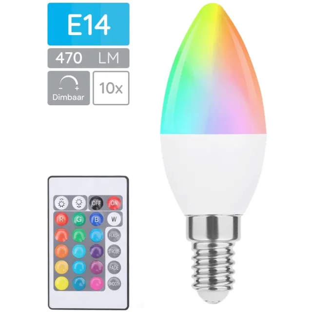 Modee Smart E14 Led Lamp met Afstandsbediening - 4.9W - Slimme Lamp - RGB en Neutraal Wit - B35 Kaarslamp - 10 Stuks