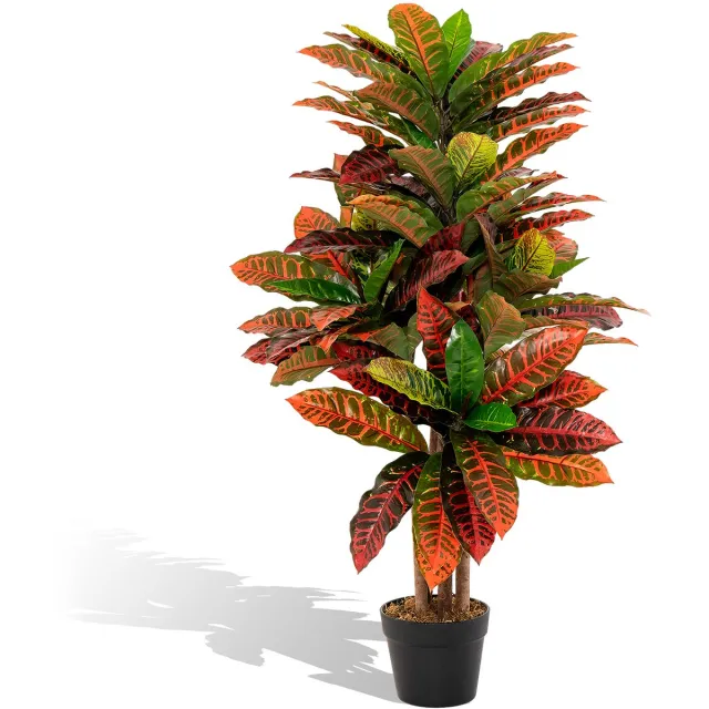 Costway Kunstplant 100 cm, roton, palmboom met kleurrijke bladeren en natuurlijke houten stam, kunstboom in pot, tropische palm, kamerplant, voor kantoor thuis, rood + groen Rood en Groen
