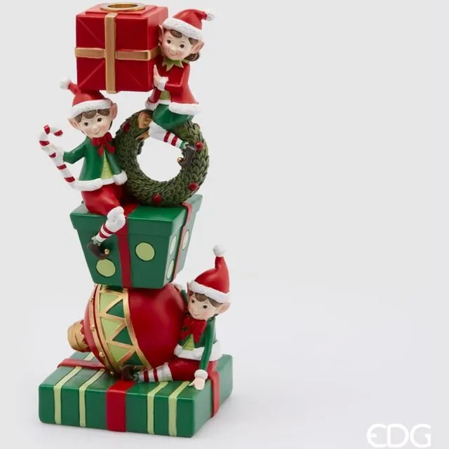 EDG - Enzo De Gasperi Kerst tafeldecoratie kandelaar met elfjes met snoep rood groen H31X14X12 Veelkleurig