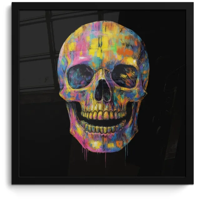 FrameYourWall Poster in lijst - Fotolijst 40x40 cm - Posters - Penseelstreken - Schedel - Kleurrijk - Abstract - Posterlijst zwart - Decoratie - Wanddecoratie woonkamer - Muurdecoratie slaapkamer Schedel - Penseelstreken