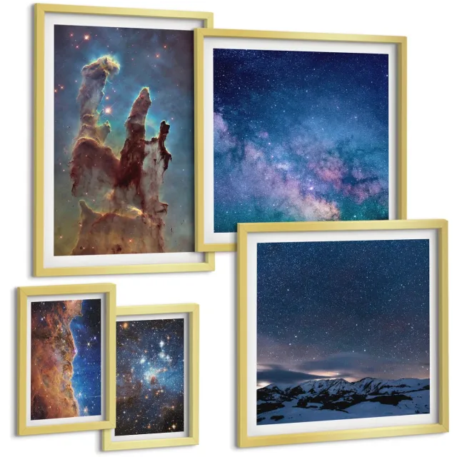 Coloray 5-Delige Schilderij Set - Kosmische Landschappen Van Sterrenstelsels En Nevels Aan De Nachtelijke Hemel - 50 x 50 cm, 20 x 30 cm En 40 x 60 cm - Muurdecoratie - Interieur Decoratie - Woonkamer Decoratie Gouden lijst
