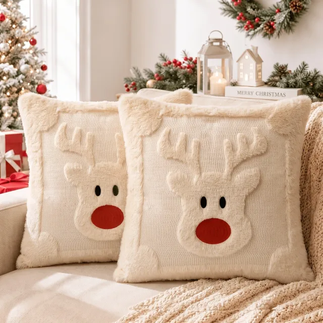 FluxGoods Kerst Kussenhoes 45x45 cm - Set van 2 - Rendier - Zachte Pluche Kussenslopen - Kerstdecoratie voor Bank
