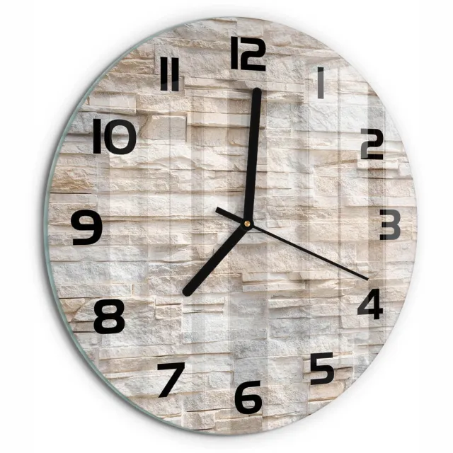 TULUP Wandklok - Bakstenen muur Decoratieve Glazen Klok - fi30 cm - Beige Glazen Wandklok Design - Zwarte handen - Ronde Klok - Glazen Klok Met Print - Wandklok Glas Met Motief