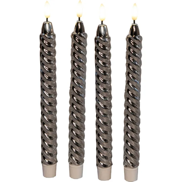 Anna's Collection LED dinerkaarsen - 4x st - zilver - glimmend - 25 cm - swirl - 3D vlam