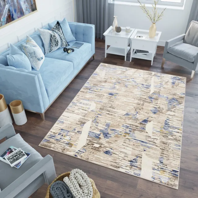 Tapiso Asthane Vloerkleed Beige Blauw Slaapkamer Woonkamer Tapijt