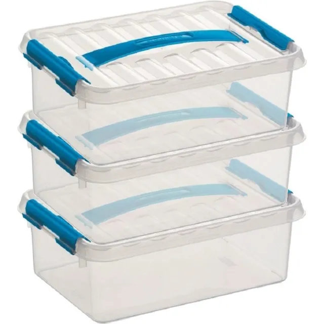 Sunware 3x sunware q-line opberg box/opbergdoos - 4 liter - 30 x 20 x 10 cm - kunststof - opslagbox - transparant/blauw