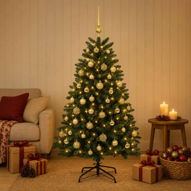 vidaXL Kunstkerstboom middengroen met kerstbal 150 cm 150 LED's