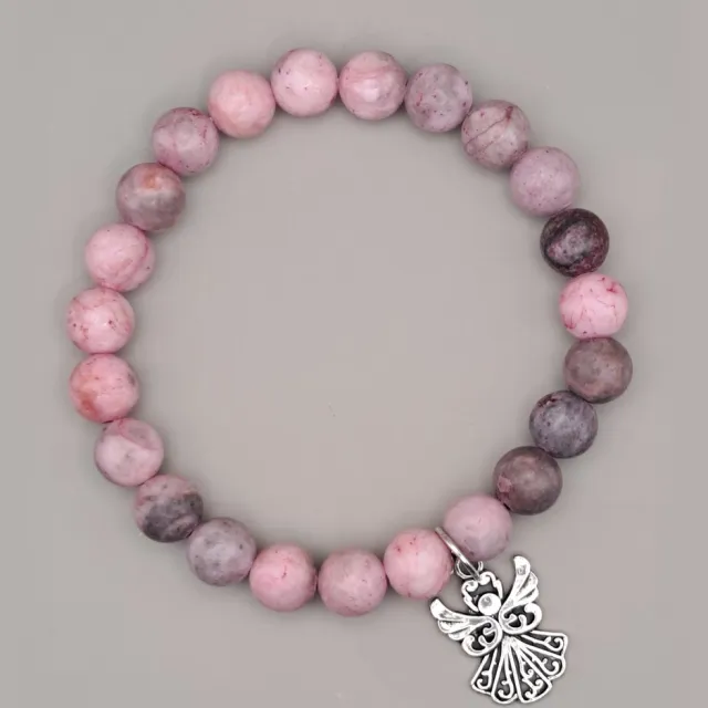 een Engeltje voor jou.. Natuursteen armband - Edelsteen armband - Roze Zebra Steen - Kralen armband - Edelstenen armband met Engeltje - Geluksengel armband -Edelsteen