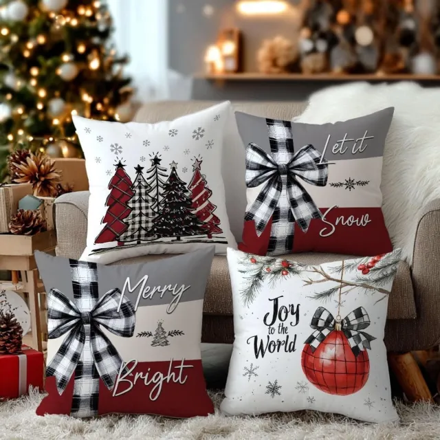Oemmn Kerstkussenhoezen, 4 stuks – 45 x 45 cm – Kersthoezen voor sierkussens – Geschikt voor bank, slaapkamer, huis en buiten Oemmn