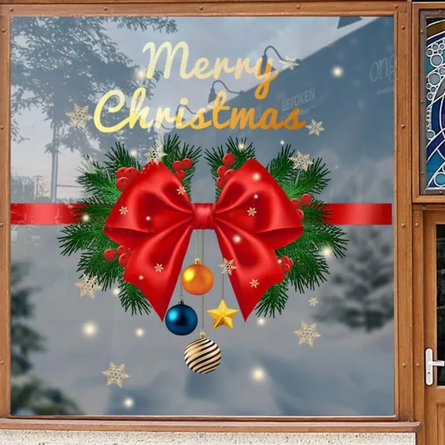 SNQ Rode Strik Raamstickers – 1 stuk - Kerst Raamclings voor Glas -Sneeuwvlok en Strik Motief – Dubbelzijdig Statisch Zonder Lijm – Verwijderbaar en Herbruikbaar – Voor Kerst, Thuis en Kantoor – 40×40cm Rood