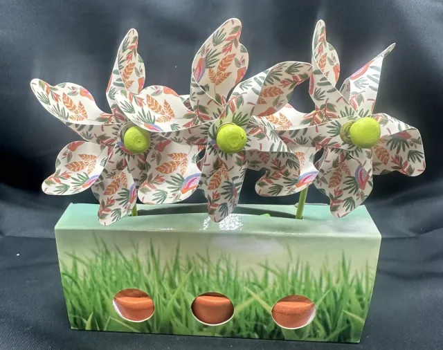 Impuls Set van 3 decoratieve windmolentjes in pot - kunststof+houten steker "wit + tropische blaadjes"- meerkleurig + oranje potjes- dia 9 cm x hoogte 16 cm - Tuinaccessoires - tuinstekers Meerkleurig - wit + tropische blaadjes