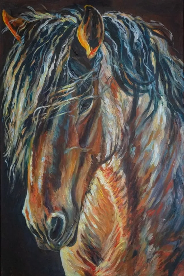 Ton van der Weerden Trekpaarden schilderij TW38 - Foto - Ton van der Weerden - Fine Art Print op fotokwaliteit papier - 50 x 70 cm bruin