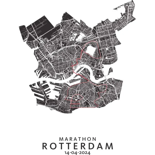 Kunst in Kaart Marathon van Rotterdam - 2024 - print Zwart/Wit