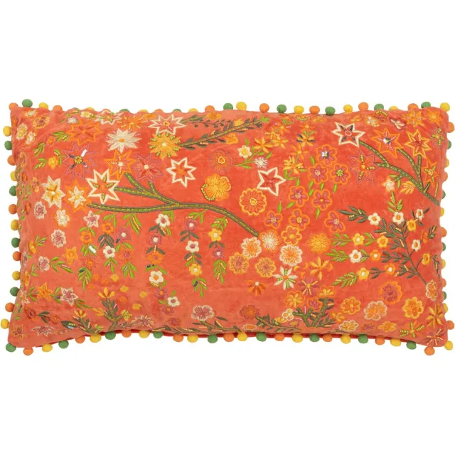 J-Line kussen Rechthoek Bloemen + Pompoms - fluweel - oranje
