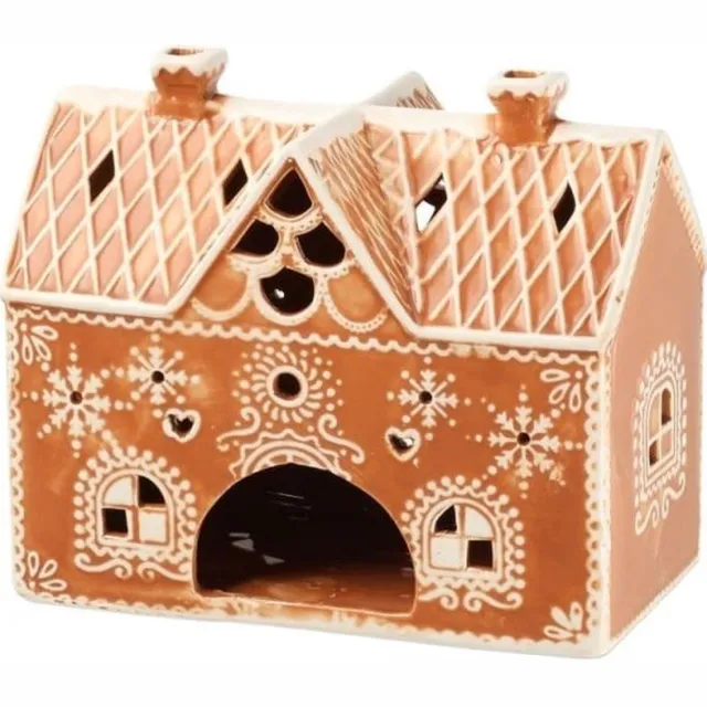 4Living windlicht peperkoekhuisje 659540 - keramiek, bruin/wit, 15,5 x 8,5 x 13,5 cm