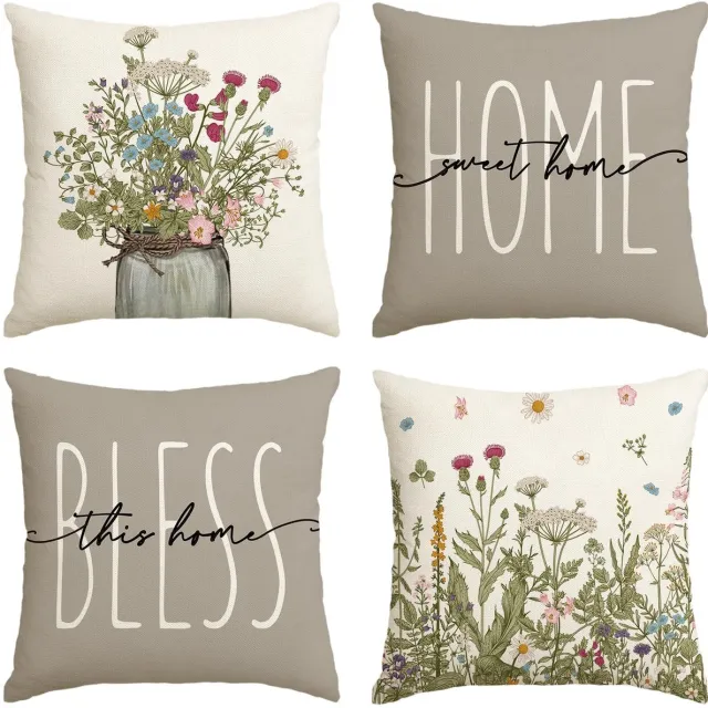 Hode Seizoensgebonden Kussensloop - Hoogwaardig Polyester - Machinewasbaar - Set of 4 - 45x45cm F-bloemen Kruiden