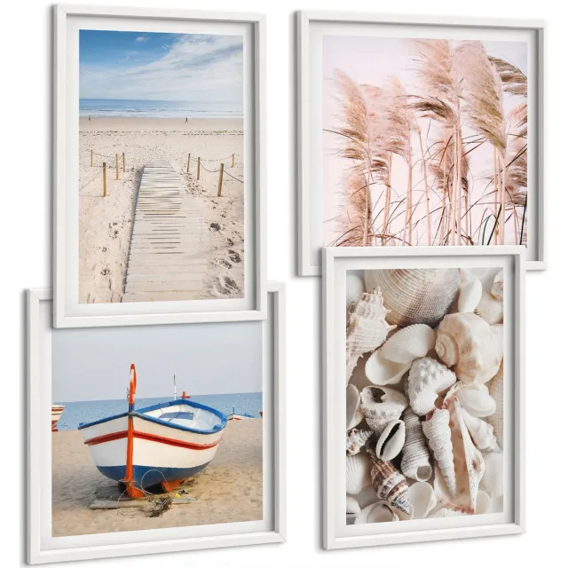 Coloray 4-Delige Schilderij Set - Zandstrand Boot Schelpen Gras Boho - 40 x 40 En 40 x 60 - Stijlvolle Muurdecoratie - Kantoor - Interieur Decoratie Witte lijst
