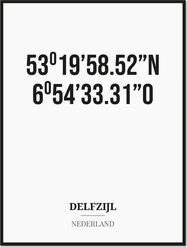 Studio216 Poster/kaart DELFZIJL met coördinaten zwart, wit
