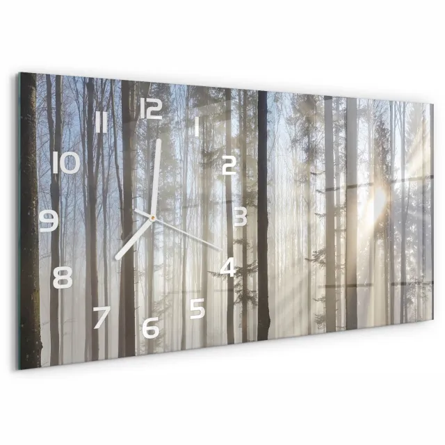 TULUP Wandklok - Mist in het bos Wandklok Glas Decoratie - 60x30 cm - Bruin Gekleurde Glazen Klok - Witte handen - Rechthoekige Klok - Klok Glas Met Opdruk - Moderne Wandklok Glas