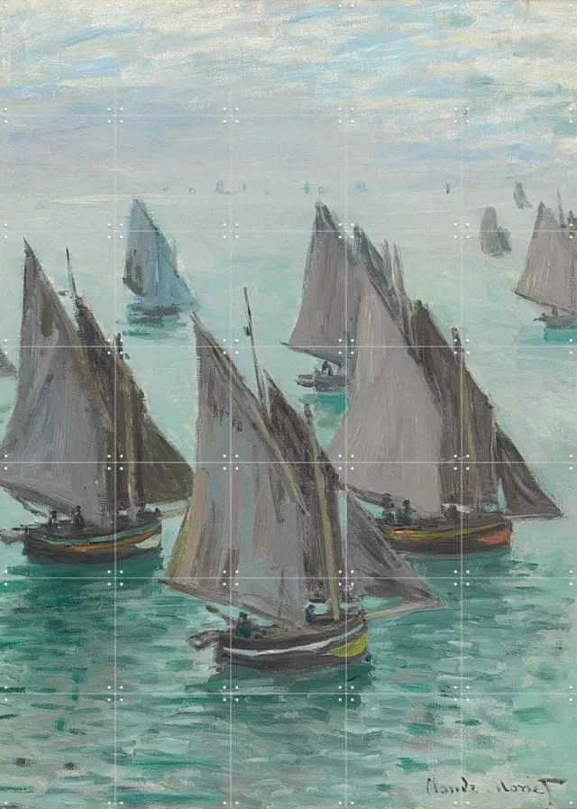 IXXI Fishing Boats - Calm Sea, Claude Monet & Bridgeman Images - 100 x 140 cm - Grote wanddecoratie en posters - Kleurrijk, Olieverf, Klassiek Blauw / Koele tinten