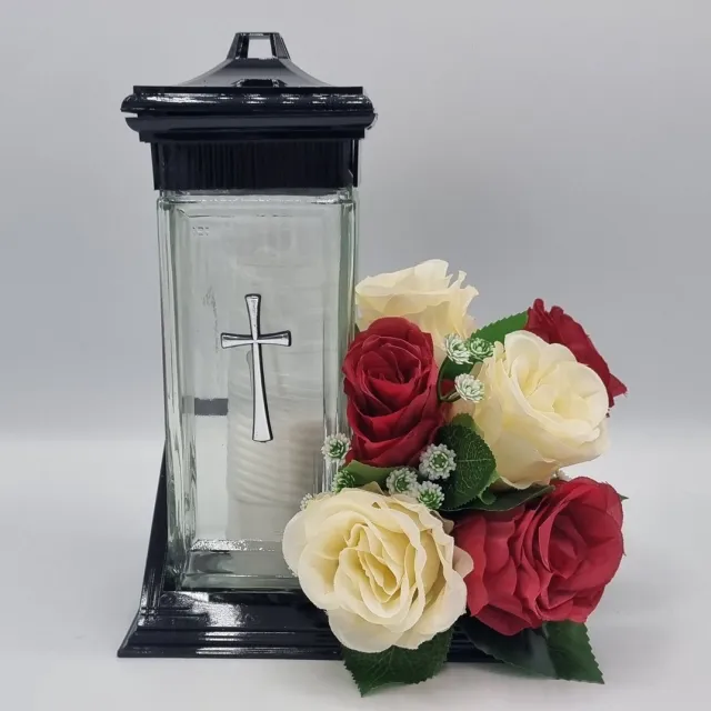 Herdenkingslichtjes.nl Herdenkingslicht - ZC2 - Bloemstuk - W113/01-05 - Rood/Creme - Grafdecoratie - Zijdenbloemen - Kunstbloemen - Grafkaars - Graflicht